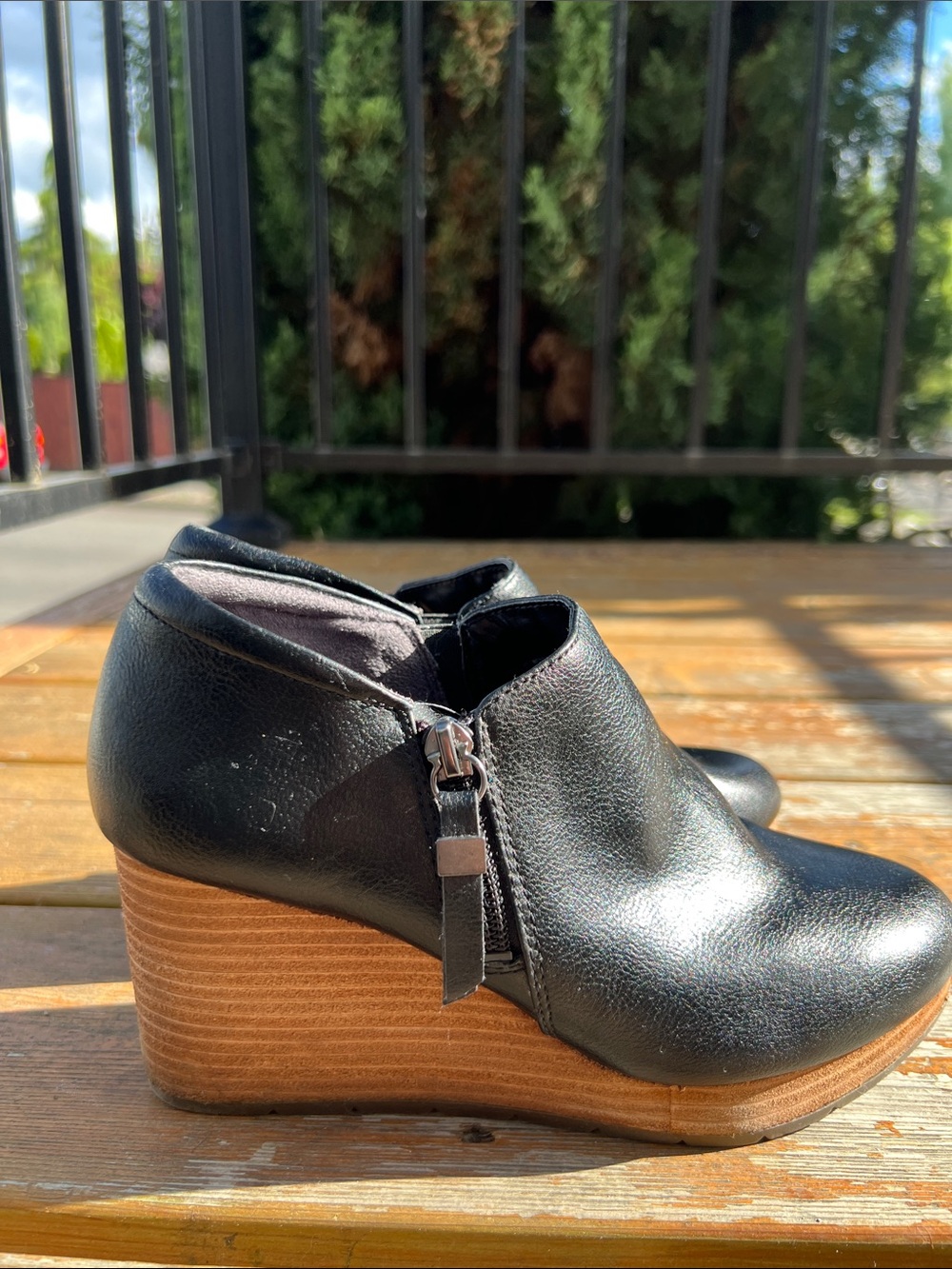Dr. Scholl's Black Leather Wedge Booties with Wood-Effect Heel